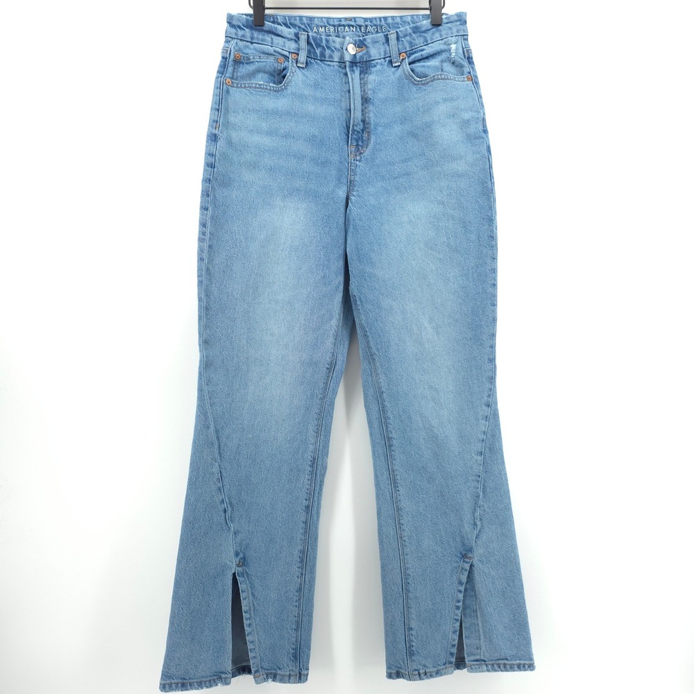 American Eagle Curvy 90s Bootcut Womens Jeans 10 Blue Split Hem Distressed